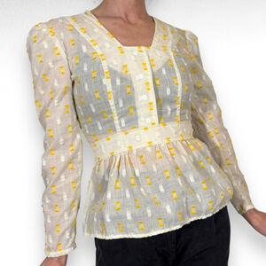 Vintage Peplum Blouse Top White Yellow Cottage Coquette Fairy Retro Puff Size XS